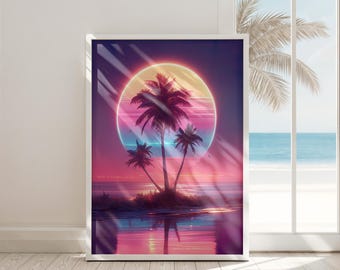 Download digitale di stampe murali retrò da spiaggia, synthwave, neon, palme, decorazioni vaporwave, poster tropicale vibrante, estetica anni '80