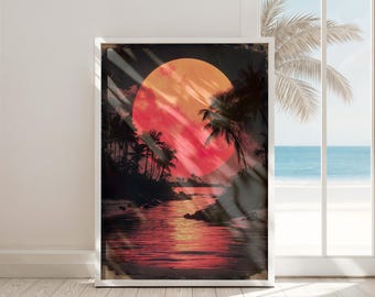california beach wall art print digital download moon and palm tree poster boho coastal decor vibrant sunset landscape art