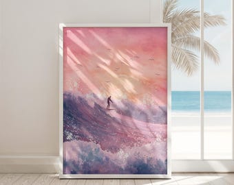 Surfer Wand Kunst, Strand Aquarell Wellen Kunstdruck, Strand Haus Dekor, Surf Poster zum Downloaden