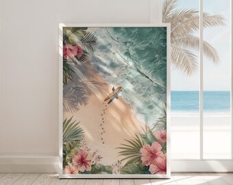 Pode incluir: Uma impressão emoldurada de uma pintura em aquarela que retrata uma cena de praia com um surfista caminhando pela areia em direção ao oceano. A pintura apresenta uma borda floral tropical com flores de hibisco rosa e folhas de palmeira verdes.