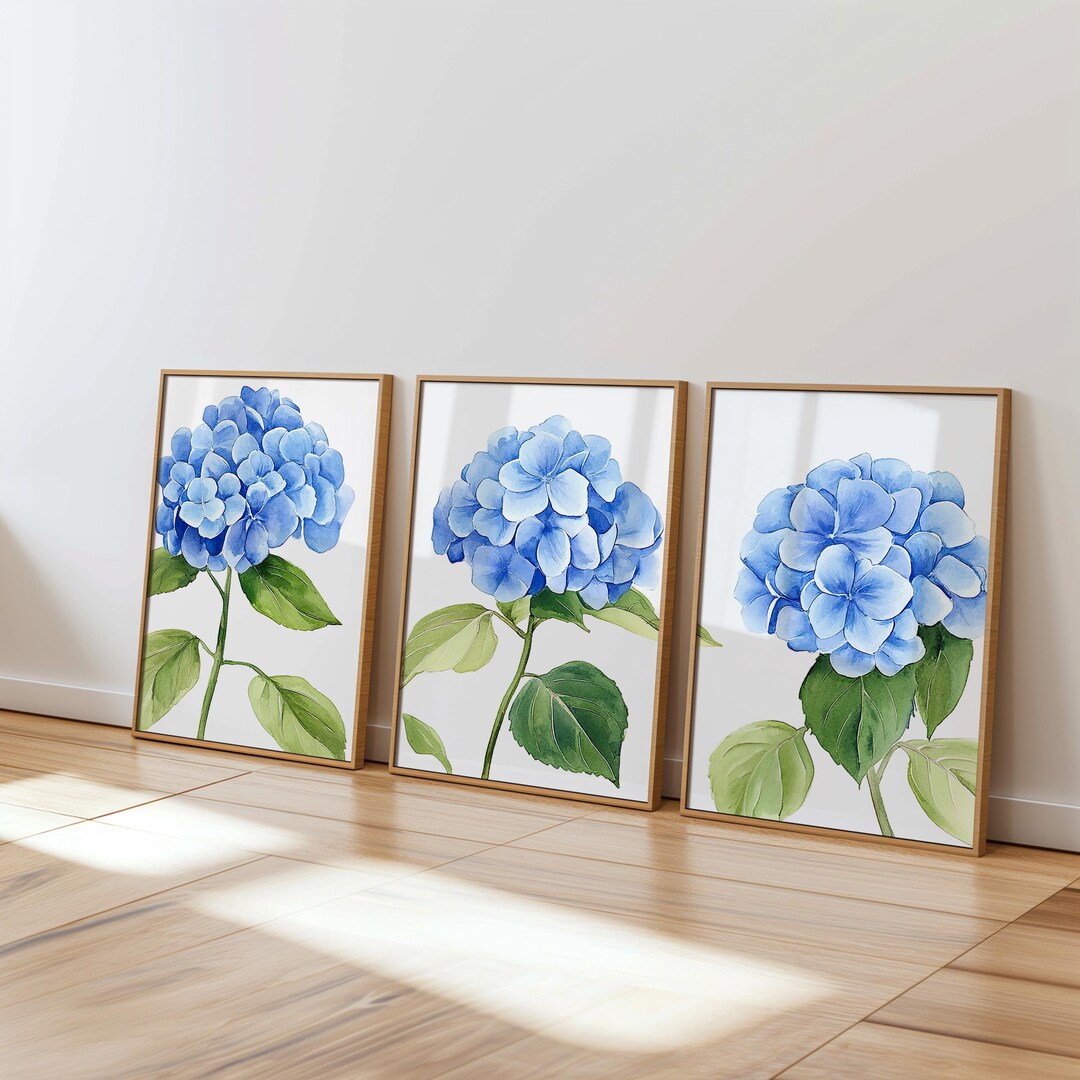 Hydrangea Wall Art Set of 3 Blue Floral Botanical Prints Digital ...