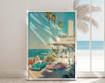 retro beach wall art print digital download vintage coastal decor pastel mid century illustration classic car beach house poster
