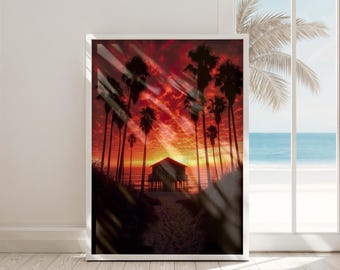 california beach wall art print digital download coastal sunset palm tree decor boho ocean photography beach house poster