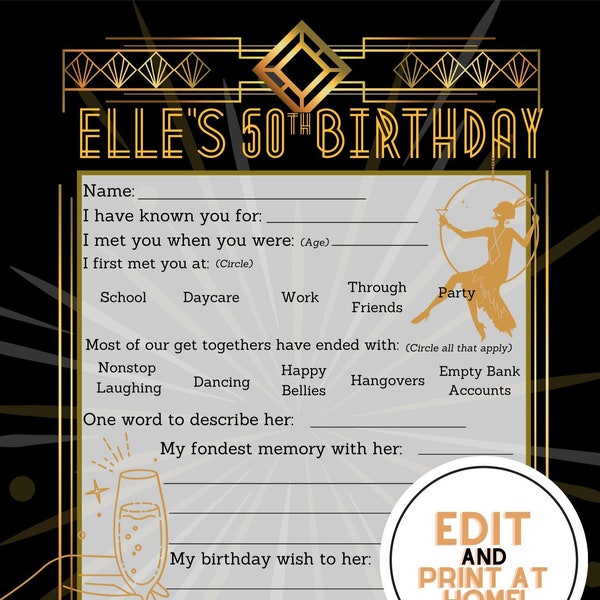 1920's Themed Party Birthday Games, Gatsby Themed Party Birthday Games; Gold and Black Themed Party Birthday Games; Editable Birthday Game