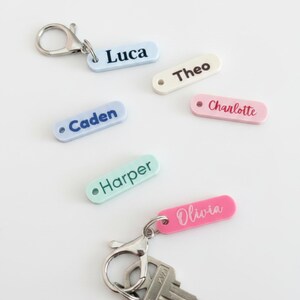 May include: A collection of six rectangular acrylic tags in pastel colors, each featuring a printed name: Luca, Theo, Caden, Charlotte, Harper, and Olivia. Two tags are attached to silver-toned metal lobster claw clasps, one of which holds a key.