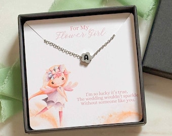 Flower Girl Thank You Gift, tarnish free jewelry for jr wedding party, Personalized engraved initial, Little Girl fairy Flower Necklace gift
