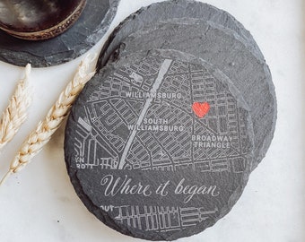 Custom city map coaster, 4 pack, engraved city, wedding gift for couple, 10th wedding anniversary, first home present, new home gifts