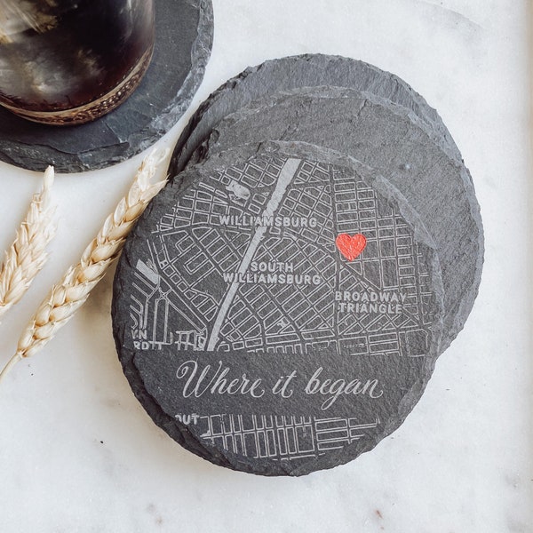 Custom city map coaster, 4 pack, engraved city, wedding gift for couple, 10th wedding anniversary, first home present, new home gifts