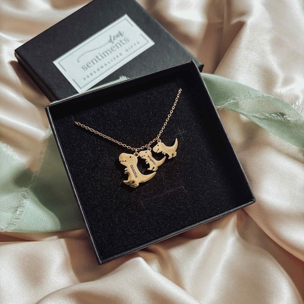 Dino Charm Necklace, Mama and baby name charm, dinosaur family pendant, baby dino charm, new mom gift, stainless steel T-rex tyrannosaurus