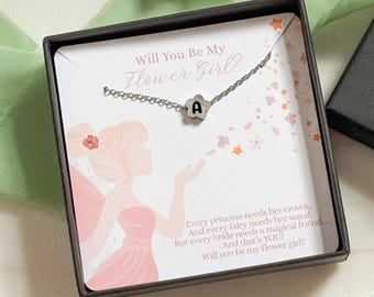 Flower Girl Proposal Gift, tarnish free jewelry for wedding party, Personalized engraved initial, Little Girl fairy Flower Necklace gift