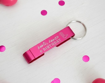 Personalized Hot Pink Bottle Opener, Boots and Booze Birthday Party Favor, Western Cowgirl Party Gift, Custom Drink Opener, rodeo party