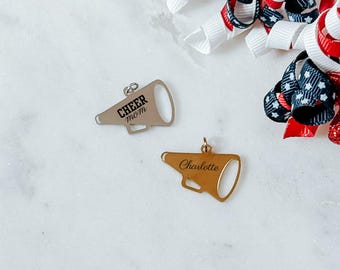 Sports charm for team gifts and banquets, megaphone tassel grad hat, Senior cheerleader gift with name and number, team spirit charm, Cheer