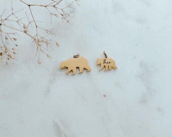 Mama Bear Charm, New mom and baby name pendant, stainless steel bear family, baby bear charm, Personalized Mom Necklace with Bear Charms