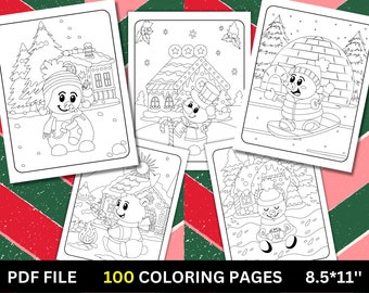 Full Christmas Coloring Book for Kids, 100 Printable coloring Pages, Instant Download, PDF