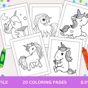 May include: Set of 20 printable colouring pages featuring cute unicorn illustrations. Each page is 8.5 inches by 11 inches and perfect for children to colour.