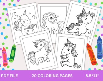 Beautiful Unicorn Coloring Pages, 20 Unicorn Printables, Printable Coloring Pages, Unicorn Birthday Party Activity, PDF, Instant Download
