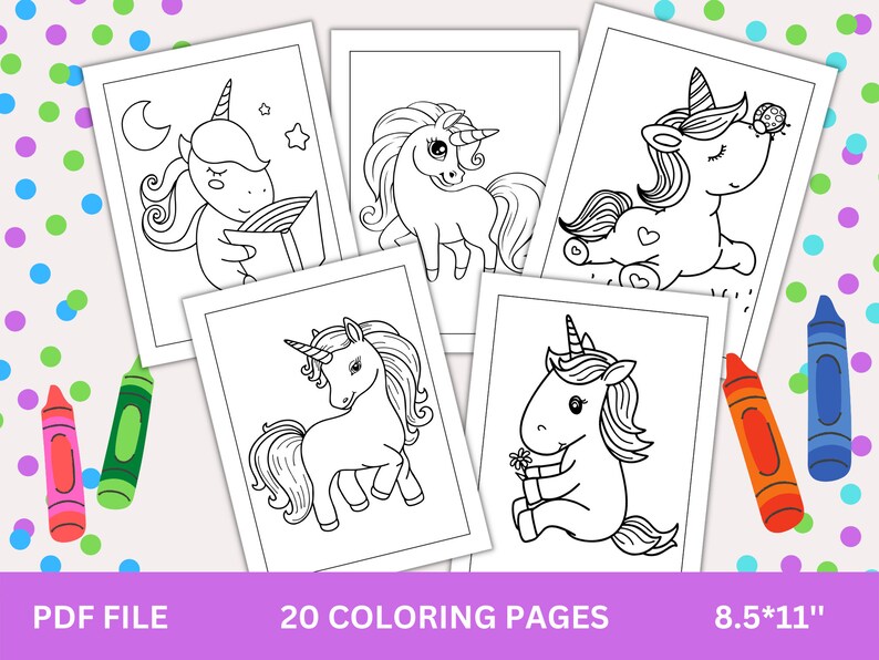 May include: Set of 20 printable colouring pages featuring cute unicorn illustrations. Each page is 8.5 inches by 11 inches and perfect for children to colour.