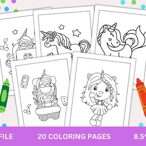 May include: A set of 20 printable colouring pages featuring cute unicorn illustrations. Each page is 8.5 inches by 11 inches and is perfect for children of all ages to colour.