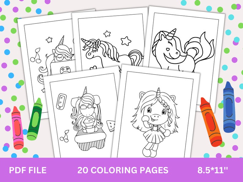 May include: A set of 20 printable colouring pages featuring cute unicorn illustrations. Each page is 8.5 inches by 11 inches and is perfect for children of all ages to colour.