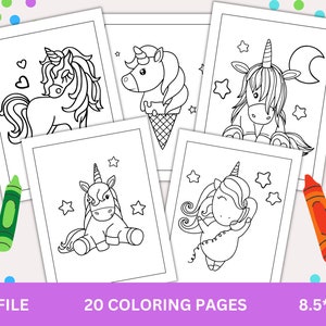 May include: A set of 20 printable colouring pages featuring cute unicorn illustrations. Each page is 8.5 inches by 11 inches and is perfect for children to colour.