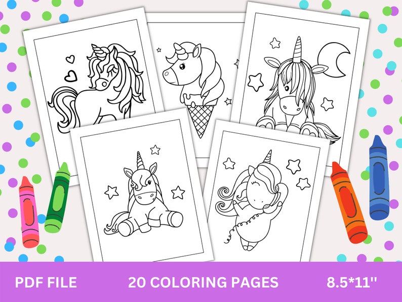 May include: A set of 20 printable colouring pages featuring cute unicorn illustrations. Each page is 8.5 inches by 11 inches and is perfect for children to colour.