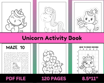 Unicorn activity book for kids, 120 Printable Pages for Kids and Toddlers, Digital Download, PDF