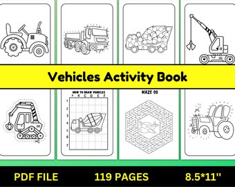 Vehicle activity book for kids, 119 Printable Pages for Kids and Toddlers, Digital Download, PDF