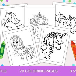 May include: A set of 20 printable colouring pages featuring cute unicorn illustrations. The pages are designed for 8.5 by 11 inch paper.