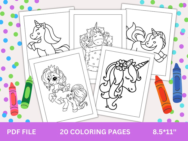 May include: A set of 20 printable colouring pages featuring cute unicorn illustrations. The pages are designed for 8.5 by 11 inch paper.