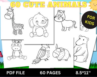 Cute Animals Coloring Book, 60 Printable Pages for Kids and Toddlers, Digital Download, PDF