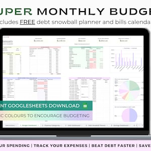 Super Monthly Budget Spreadsheet Template for Google Sheets, Financial Planner Dashboard, Budget Template, Spending Tracker, Debt Tracker