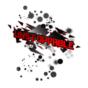 Puede incluir: Un diseño gráfico con la palabra "UNSTOPPABLE" en letras rojas sobre un fondo blanco y negro. El fondo tiene un efecto de rotura con círculos blancos y negros.