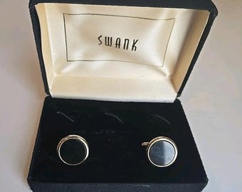 Vintage Swank Cufflinks Black Enamel Gold Tone Round Tie Bar Set