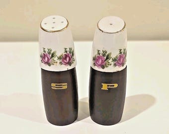 VTG Salt & Pepper Shakers by NEVCO Ceramic Top w/ Wood Base Rose Motif