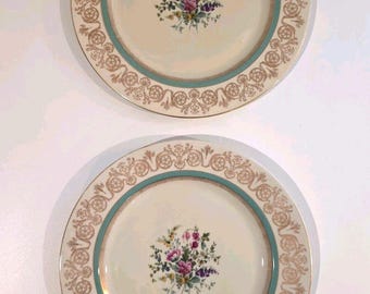 Vintage Royal Bayreuth Germany Dinner Plate Flowers Gold 10.75" Set of 2