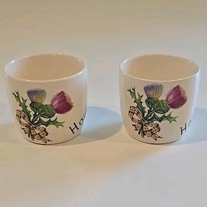 Może przedstawiać: Dwa białe ceramiczne kubki z motywem ostu. Projekt obejmuje fioletowe i żółte kwiaty, zielone liście i kratkowaną kokardę. Słowo "Haw" jest napisane z boku każdego kubka.