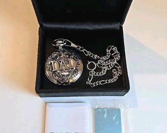 VTG Danbury Pocket Watch "Dad" Silver Quartz Japan with Original Box