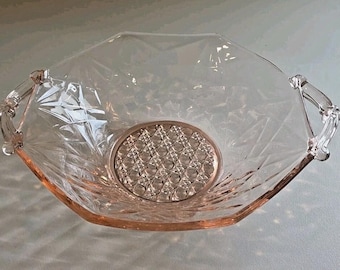 Lancaster Pink Depression Glass 7" Octagon Bowl Hobnail Bottom with Handles