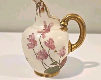 Royal Worcester Floral Flat Back Jug Pitcher Blush Ivory Gold c1880 1094