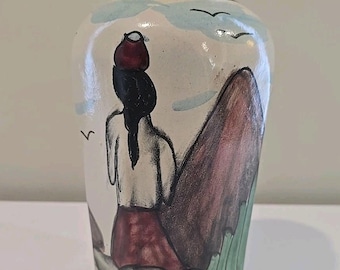 Mexican Hand Painted Girl Woman Cactus Vase Signed Pinal H. Mexico