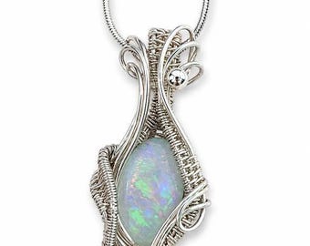 Silver Plated Wire Wrapped 7.6ct Ethiopian Opal Pendant Necklace Handmade