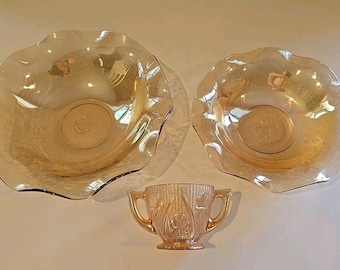 Iridescent Marigold Jeannette Iris Herringbone Sugar Bowl Ruffle Bowls 3pc