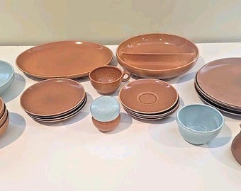 Vintage Russell Wright Iroquois Casual Tan Blue Dish Plates Bowls Cups 23pcs