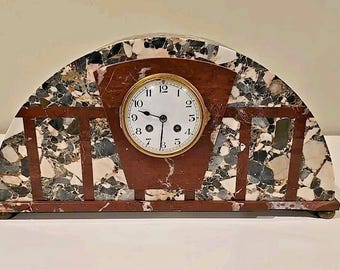 Antique Art Deco French Multicolored Marble Decorative Shelf Mantle Clock READ