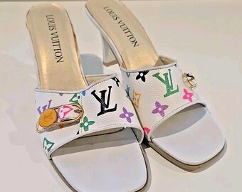 Louis Vuitton Multicolor Monogram Murakami Slide Sandalen White Heels Größe 9