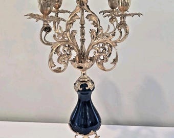 Antique French Louis XVI Style Gold Gilt Coblat Blue Porcelain 5-Arm Candelabra