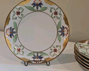 Limoges Flambeau LDBC Hand Painted by Gilbert Plates Set of 6 Floral Gold Gilt