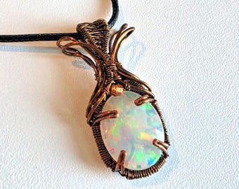 Antiqued Bronze Copper Wire Wrapped 7ct Ethiopian Opal Necklace Handmade