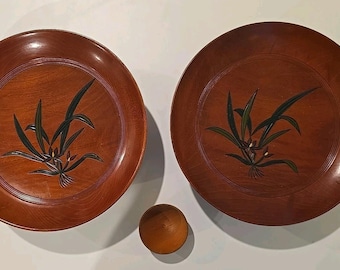 Japan Lacquer Ware Wooden Bowls with Carved Flowers MCM & Small Wooden Bowl 3pc