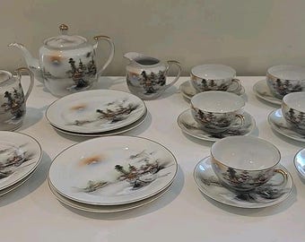 Lithophane Hayasi Kutani Fine Bone China Tea Cup And Saucer Hand Painted 21pcs